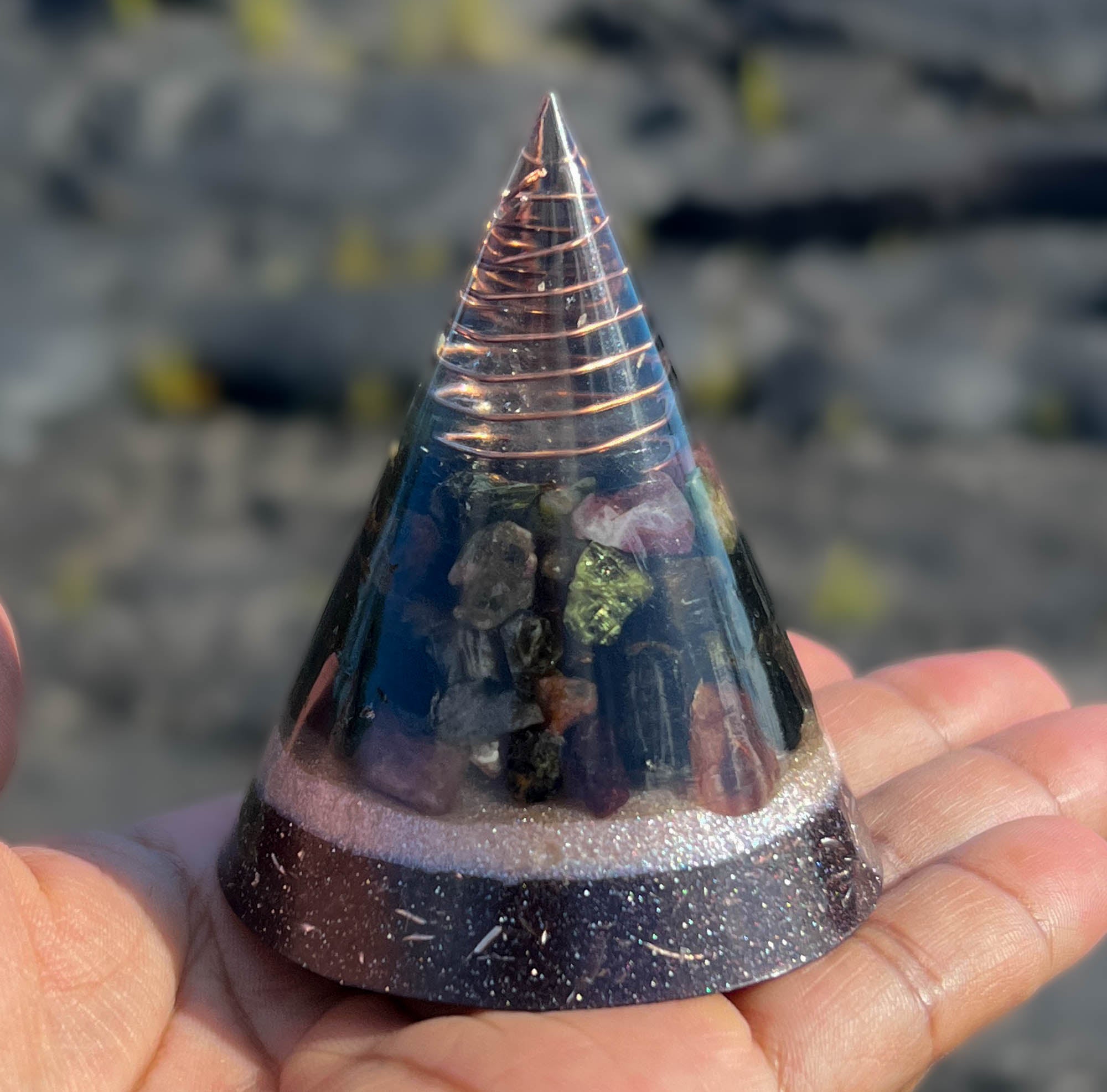 Harmonic Star Resonator - Orgone Transmuter Cone (Smokey Quartz + Mixed Tourmaline)