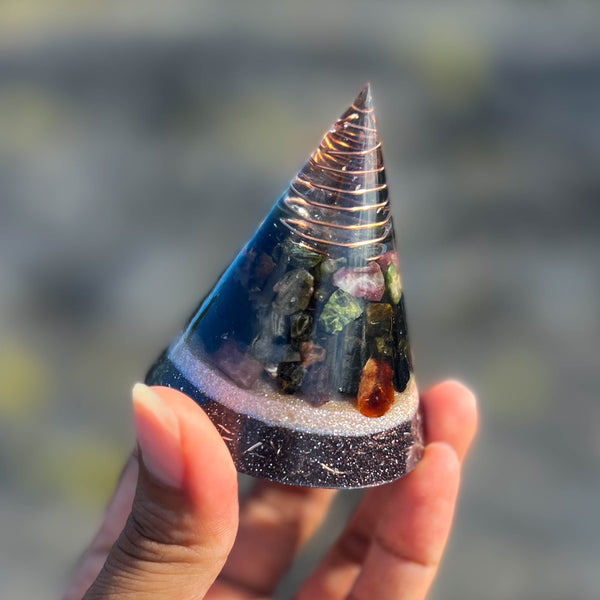 Harmonic Star Resonator - Orgone Transmuter Cone (Smokey Quartz + Mixed Tourmaline)